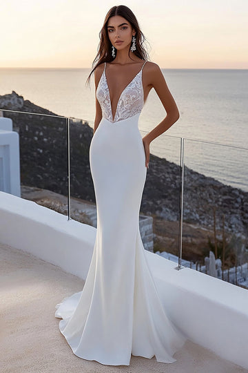 Ivory Chiffon Sweep Train Mermaid V Neck Boho Wedding Dress with Lace